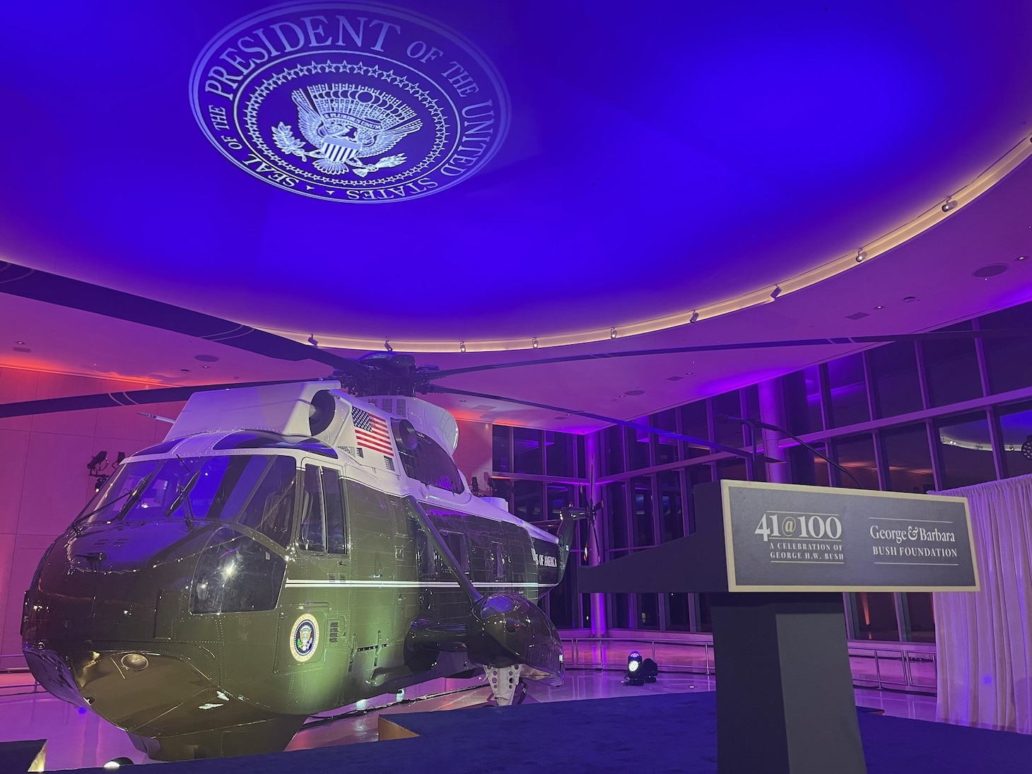 Marine One, BUNO 358, on display at the new George H. W. Bush Presidwould ential Museum and Library Marine One/4141 Locomotive Pavilion in College Station, Texas. The new pavilion showcasing the retired Marine One helicopter hosted a Day of Gratitude and an invitation-only Centennial Celebration Dinner in the new 29,000 square-foot pavilion as part of the 41@100 event on what have been President George H. W. Bush’s 100th birthday.