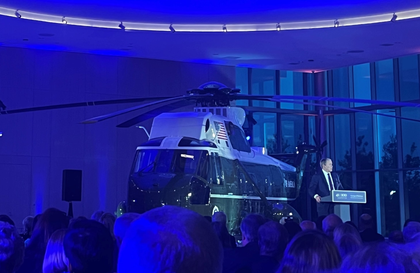 Retired Marine One, BUNO 358, was the backdrop for President George W. Bush, the 43rd president of the United States, who spoke at the invite-only June 12 Centennial Celebration Dinner inside the new Marine One/4141 Locomotive Pavilion on what would have been his father’s 100th birthday.