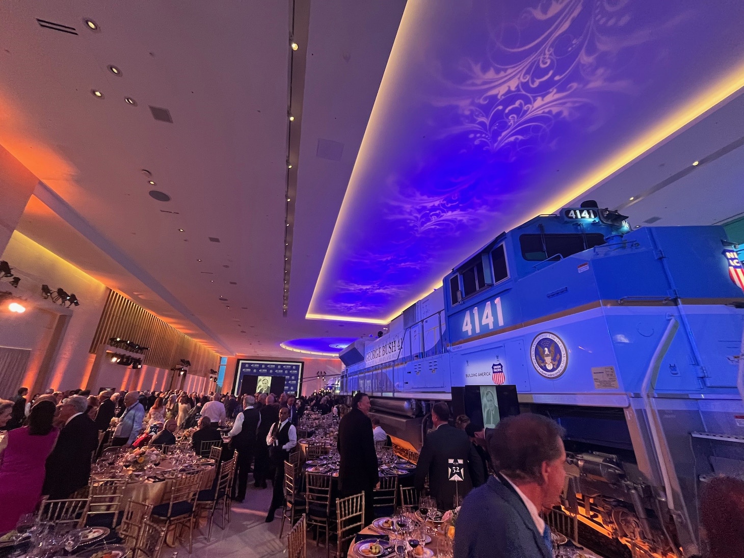 Union Pacific Railroad 4141 locomotive was one of the centerpieces at the invitation-only June 12 Centennial Celebration Dinner inside the new George H. W. Bush Presidential Museum and Library Marine One/4141 Locomotive Pavilion.