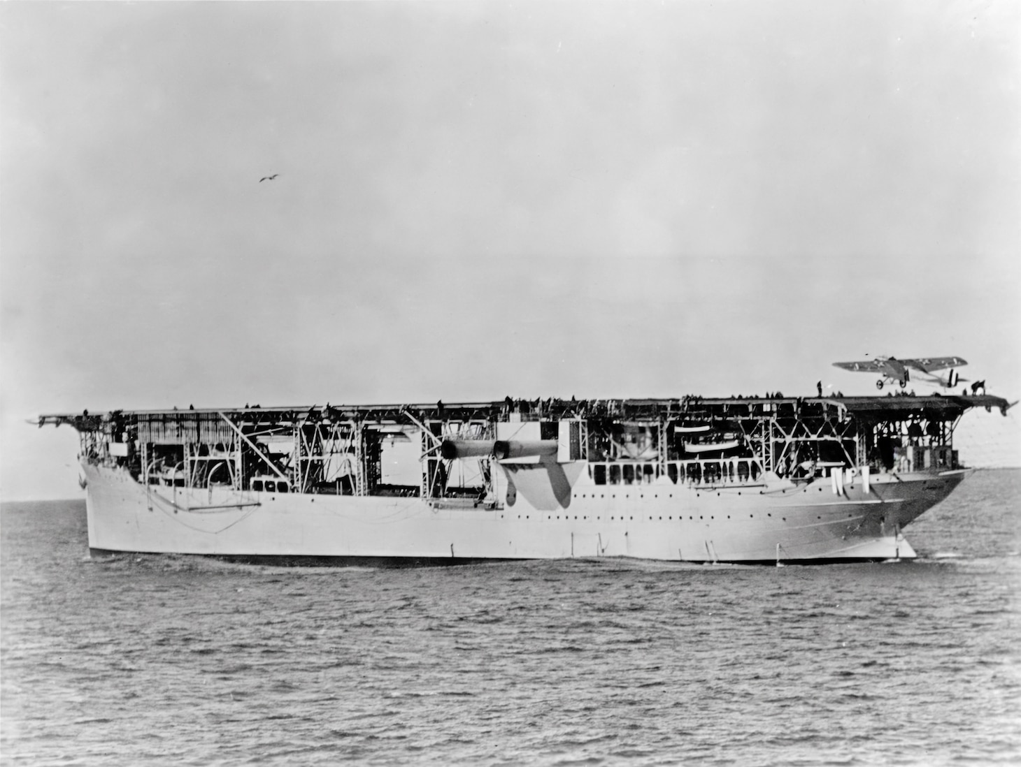 After its conversion to an aircraft carrier and its recommissioning as the USS Langley (CV 1) on March 20, 1922, the Langley began as both a research ship as well as part of a regular fleet. This photo shows an Aeromarine B coming aboard piloted by Lt. Cmdr. Geoffrey DeChevalier, Naval Aviator No. 7, making the first landing aboard the Navy’s first aircraft carrier on Oct. 26, 1922.