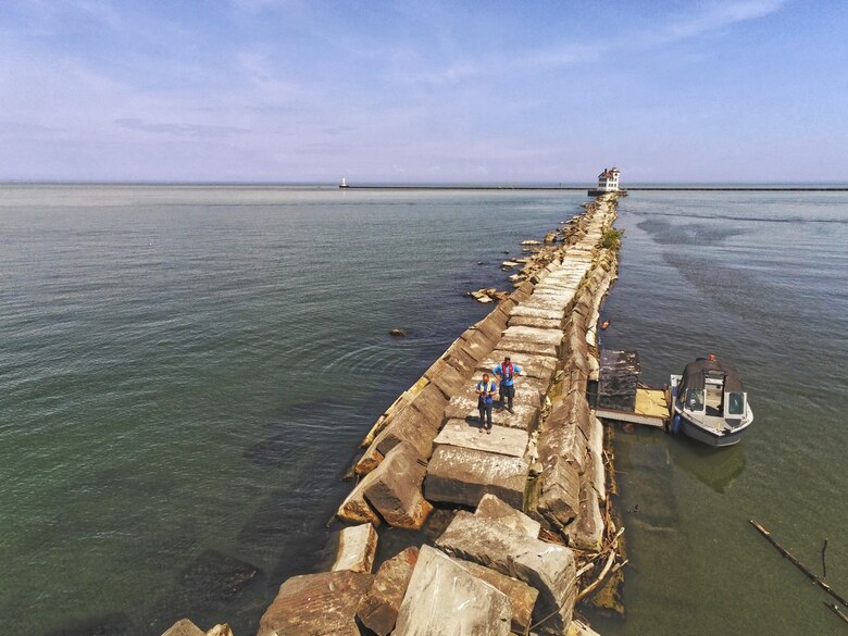 Overhead view of a breakwater in Lorain harbor in Ohio.