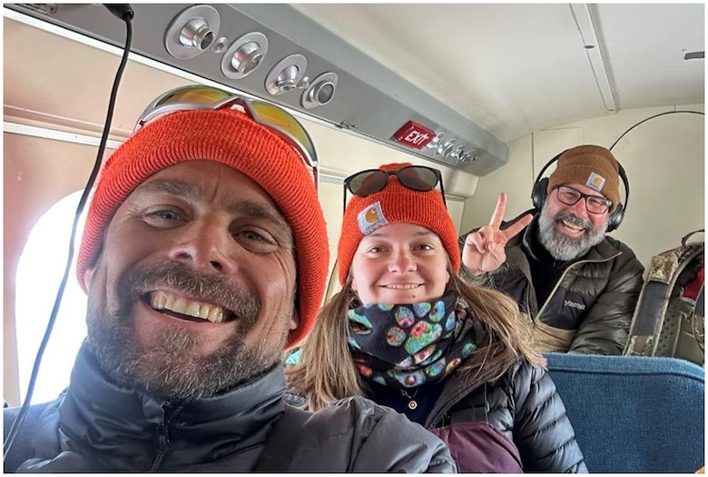 ERDC-CRREL scientists (from left to right) Dr. Chris Polashenski, Tricia Nelsen and Roy Hessner aboard a ski equipped DHC-6 Twin Otter aircraft traveling to a buoy install location on the Arctic pack ice.