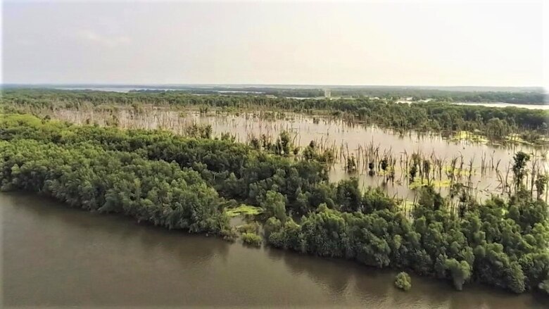 An aerial photo of Black Hawk Island in Pool 18 of the Mississippi River with forest degradation.