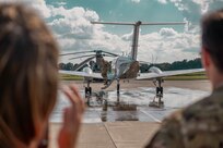 Chief Warrant Officer 4 Richard “Trey” McCormick of Springfield, Illinois, serving with Detachment 5, A Company, 2nd Battalion 245th Aviation Regiment based in Springfield, Illinois, walks off of a Beechcraft C-12 Heron after his last flight on the aircraft at the Abraham Lincoln Capital Airport in Springfield, Illinois on Sept. 6.