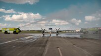 A Beechcraft C-12 Heron being flown by Chief Warrant Officer 4 Richard “Trey” McCormick of Springfield, Illinois, serving with Detachment 5, A Company, 2nd Battalion 245th Aviation Regiment based in Springfield, Illinois, gets sprayed down after his last flight at the Abraham Lincoln Capital Airport in Springfield, Illinois on Sept. 6.