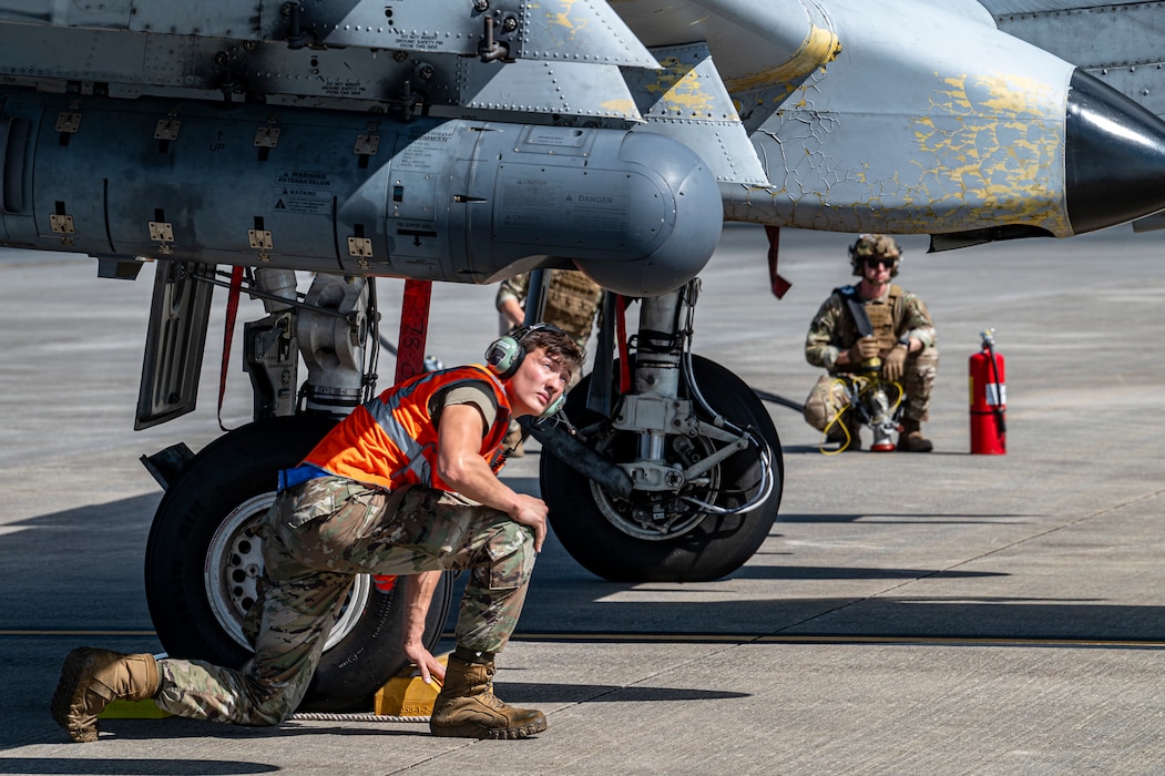 A U.S. Air Force Airman assigned to the 74th Fighter Generation Squadron inspects an A-10C Thunderbolt II at Moody Air Force Base, Georgia, Aug. 28, 2024. Airmen were able to demonstrate a rapid refuel and rearming of the A-10 to Brig. Gen. Jennifer Hammerstedt, Director of Logistics, Engineering, and Force Protection at Headquarters Air Combat Command, during her visit to Moody AFB. (U.S. Air Force photo by Senior Airman Leonid Soubbotine)