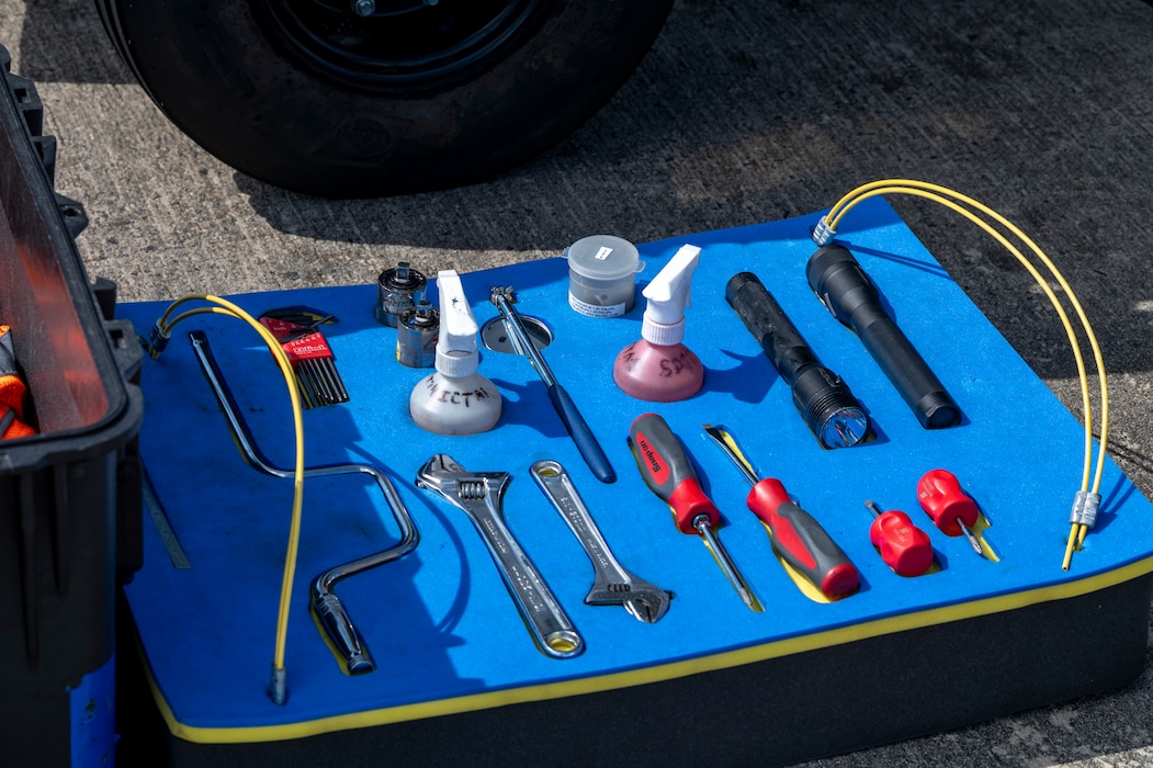 Tools and equipment are placed in a crate at Moody Air Force Base, Georgia, Aug. 28, 2024. Organization, attention to detail and precision are paramount when working with advanced and lethal aircraft. (U.S. Air Force photo by Senior Airman Leonid Soubbotine)