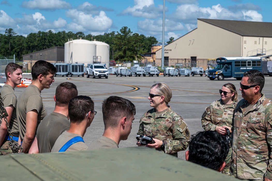 U.S. Air Force Brig. Gen. Jennifer Hammerstedt, Director of Logistics, Engineering, and Force Protection at Headquarters Air Combat Command, speaks with Airmen assigned to the 74th Fighter Generation Squadron at Moody Air Force Base, Georgia, Aug. 28, 2024. Airmen were able to rapidly rearm and refuel an A-10C Thunderbolt II demonstrating the capabilities and phenomenal training at Moody AFB. (U.S. Air Force photo by Senior Airman Leonid Soubbotine)