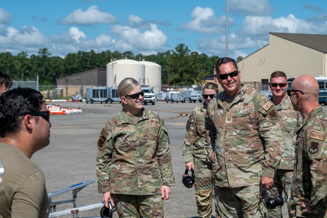 U.S. Air Force Brig. Gen. Jennifer Hammerstedt, Director of Logistics, Engineering, and Force Protection at Headquarters Air Combat Command, speaks with Airmen assigned to the 74th Fighter Generation Squadron at Moody Air Force Base, Georgia, Aug. 28, 2024. Airmen were able to rapidly rearm and refuel an A-10C Thunderbolt II demonstrating the capabilities and phenomenal training at Moody AFB. (U.S. Air Force photo by Senior Airman Leonid Soubbotine)