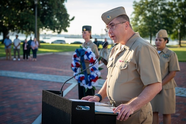 Naval Medical Center Portsmouth (NMCP) active duty and civilian staff members, led by Capt. Brian Feldman, NMCP director/Navy Medicine Readiness and Training Command Portsmouth commander, gathered at Morning Colors to honor the lives lost due to the attacks on the World Trade Center towers, the Pentagon, and the crash of Flight 93 in a Pennsylvania field, 23 years ago, Sept. 11.