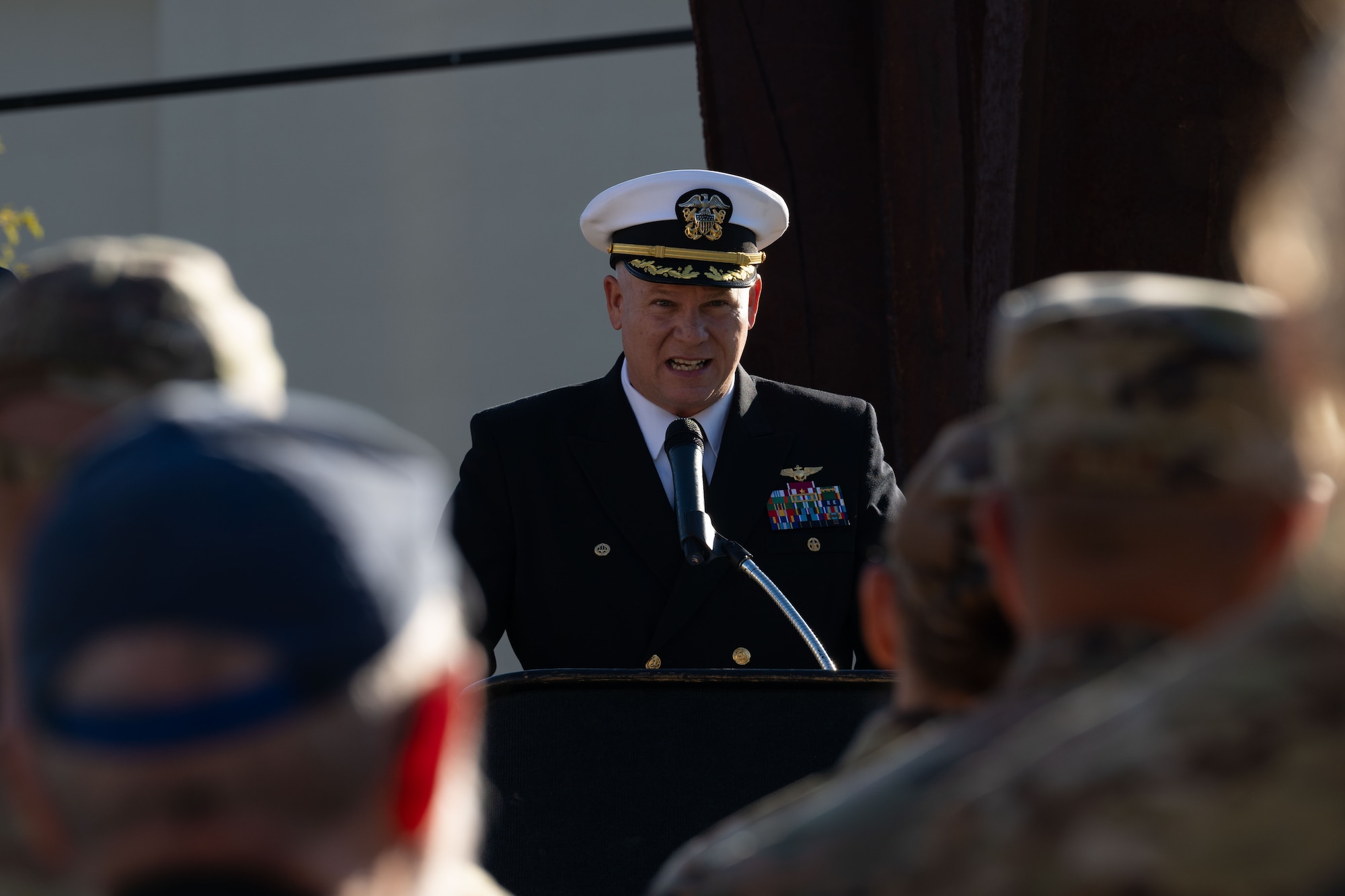 U.S. Navy Capt. James Howell, Joint Base McGuire-Dix-Lakehurst deputy commander and Naval Support Activity commander, addresses event attendees during a 9/11 remembrance ceremony at JB MDL, N.J., Sept. 11, 2024. The annual ceremony honors the nearly three thousand lives lost to the terrorist attacks that took place on September 11, 2001. (U.S. Air Force photo by Aidan Thompson)