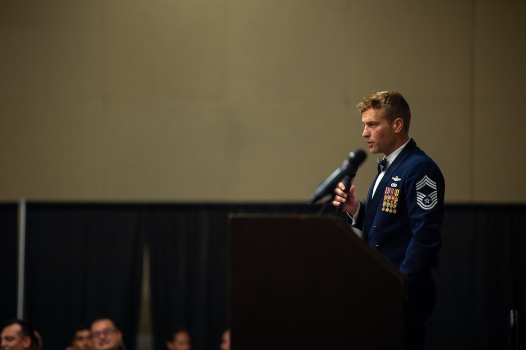 U.S. Air Force Chief Master Sgt. William Nabakowski, 347th Rescue Group senior enlisted leader, makes his closing remarks during a senior noncommissioned officer induction ceremony, Valdosta State University Ballroom, Valdosta, Georgia, Sept. 05, 2024. The ceremony warmly welcomes new Master Sergeants into the highest tier of the enlisted leadership structure, honoring their dedication and hard work as they transition to this prestigious rank and assume their new responsibilities with increased authority and influence within the organization. (U.S. Air Force photo by Airman 1st Class Iain Stanley)