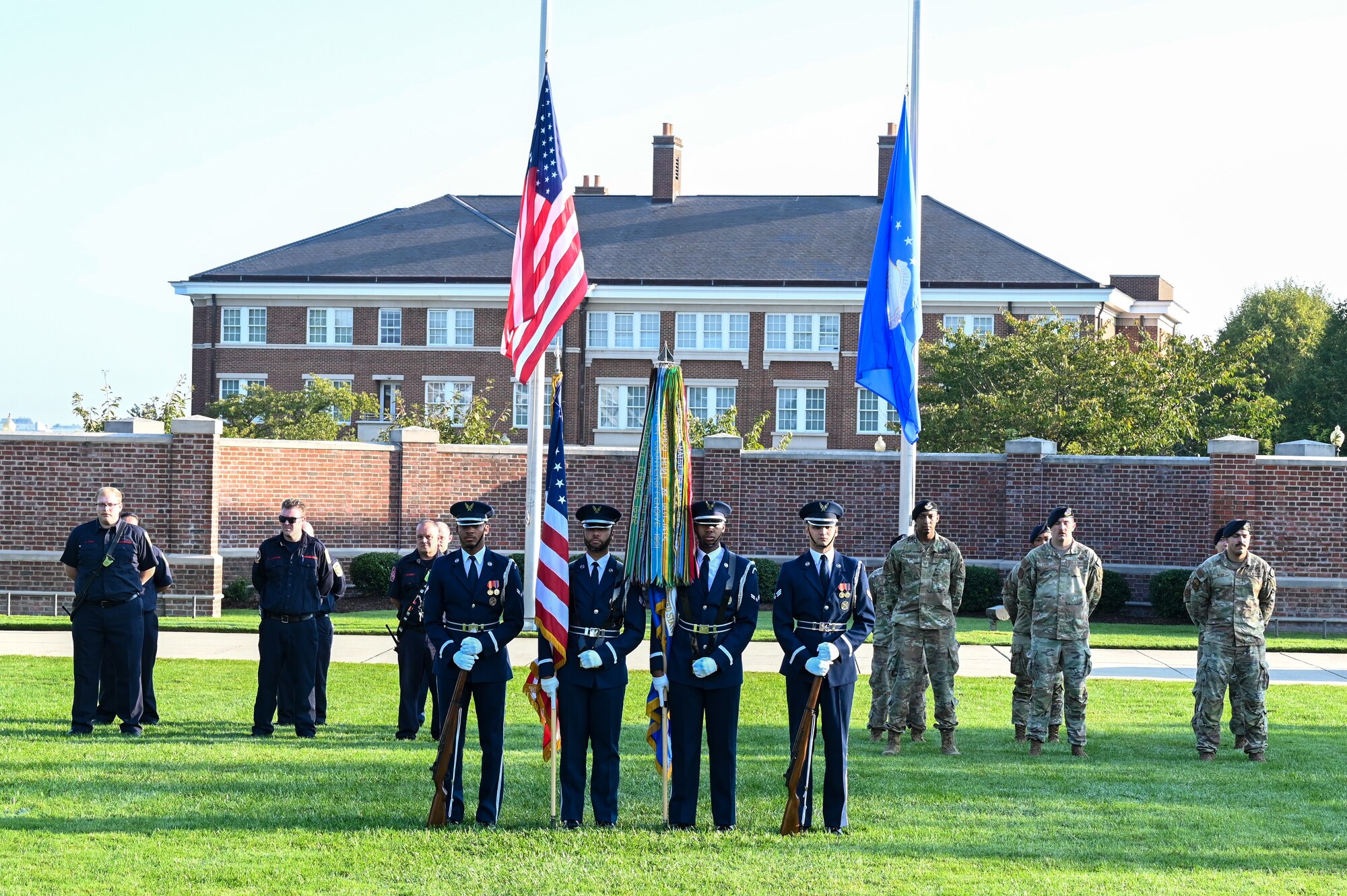 U.S. Air Force Honor Guardsmen wait for the commencement of the Remembrance Ceremony on Joint Base Anacostia-Bolling, Washington, D.C., Sept. 11, 2024. The ceremony marked the 23rd anniversary of the 9/11 attacks. Attendees reflected on the impact of the day and honored the nearly 3,000 people who lost their lives. (U.S. Air Force photo by Airman 1st Class Shanel Toussaint)