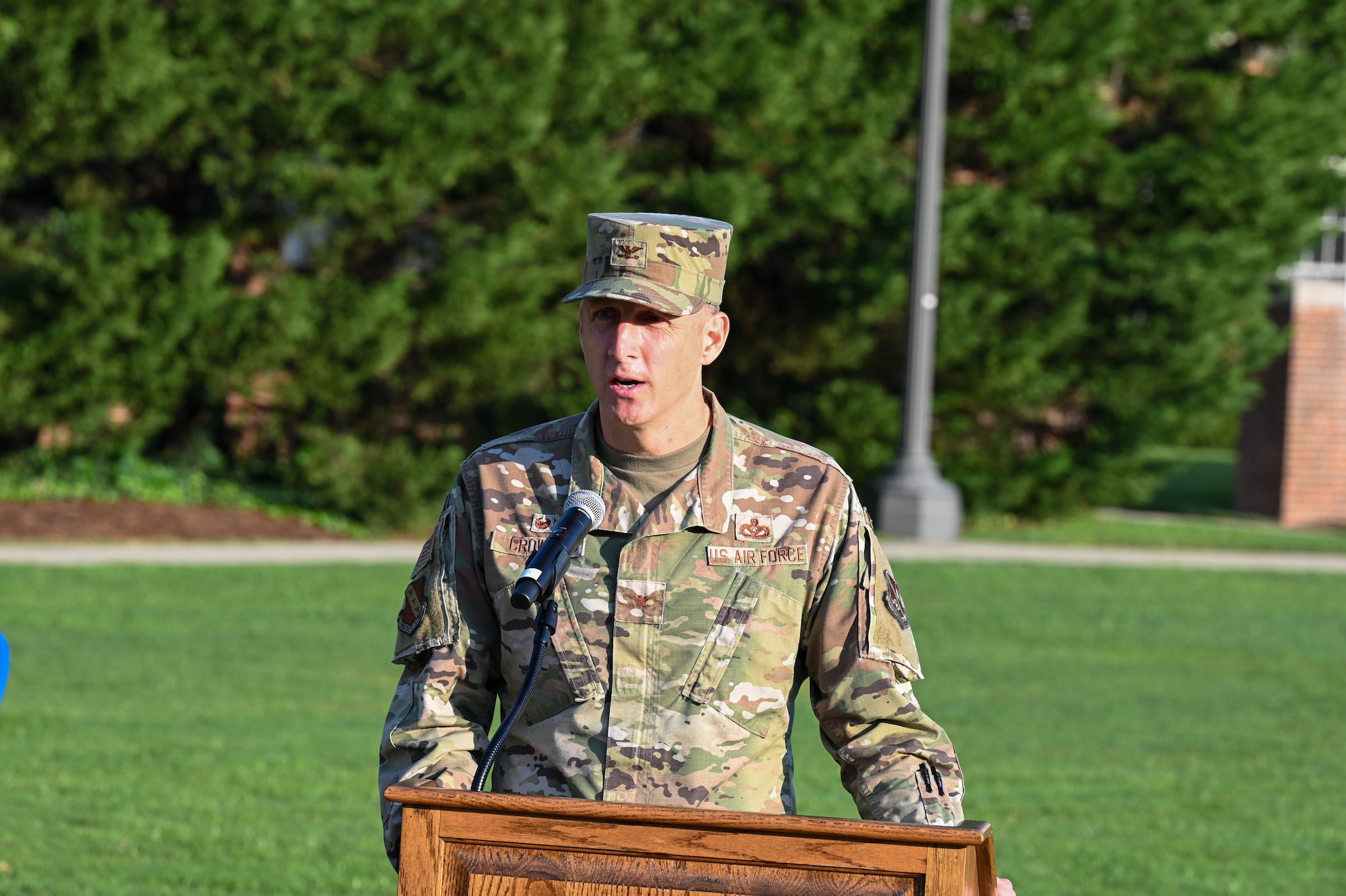U.S. Air Force Col. Ryan A.F. Crowley, commander of Joint Base Anacostia-Bolling and the 11th Wing, gives a commemorative speech during the Remembrance Ceremony on the ceremonial lawn on JBAB, Washington, D.C., Sept. 11, 2024. His speech served as a reminder that there is a responsibility to make a collective commitment to safeguard the nation and response to emergencies will require a unified effort among service members. (U.S. Air Force photo by Airman 1st Class Shanel Toussaint)