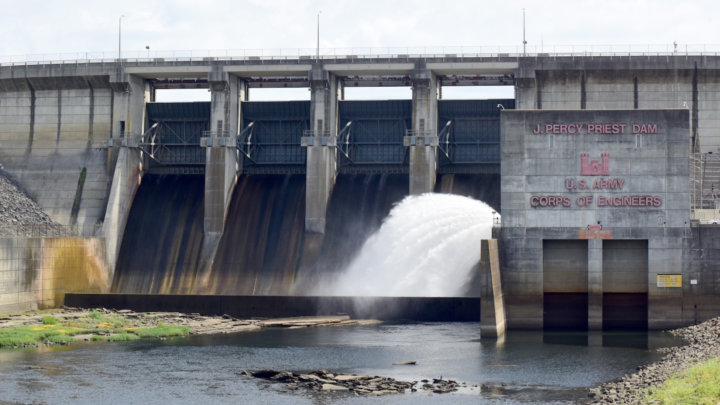 The cone valve is in operation Sept. 3, 2024, at J. Percy Priest Dam in Nashville, Tennessee. With Hurricane Francine approaching Middle Tennessee, the U.S. Army Corps of Engineers Nashville District is holding water at J. Percy Priest Dam and releasing water from Cordell Hull Dam, Old Hickory Dam, and Cheatham Dam, which are run of the river projects on the Cumberland River, to position these projects for the expected heavy rains.
