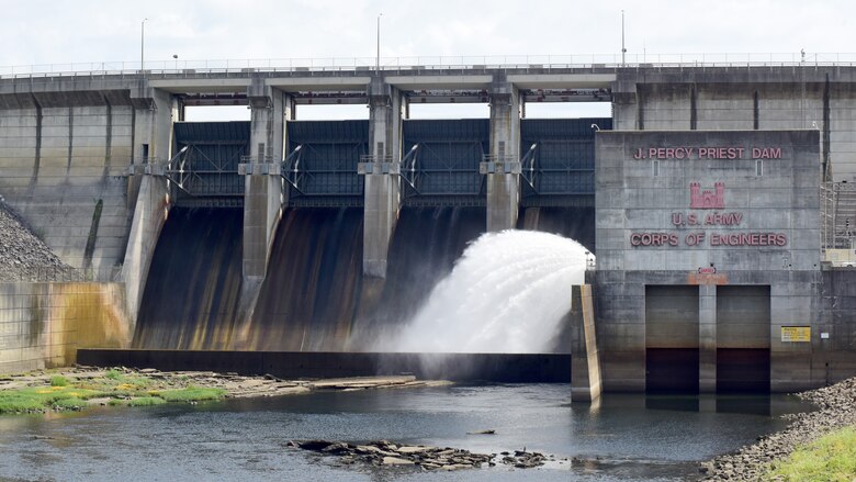 The cone valve is in operation Sept. 3, 2024, at J. Percy Priest Dam in Nashville, Tennessee. With Hurricane Francine approaching Middle Tennessee, the U.S. Army Corps of Engineers Nashville District is holding water at J. Percy Priest Dam and releasing water from Cordell Hull Dam, Old Hickory Dam, and Cheatham Dam, which are run of the river projects on the Cumberland River, to position these projects for the expected heavy rains.