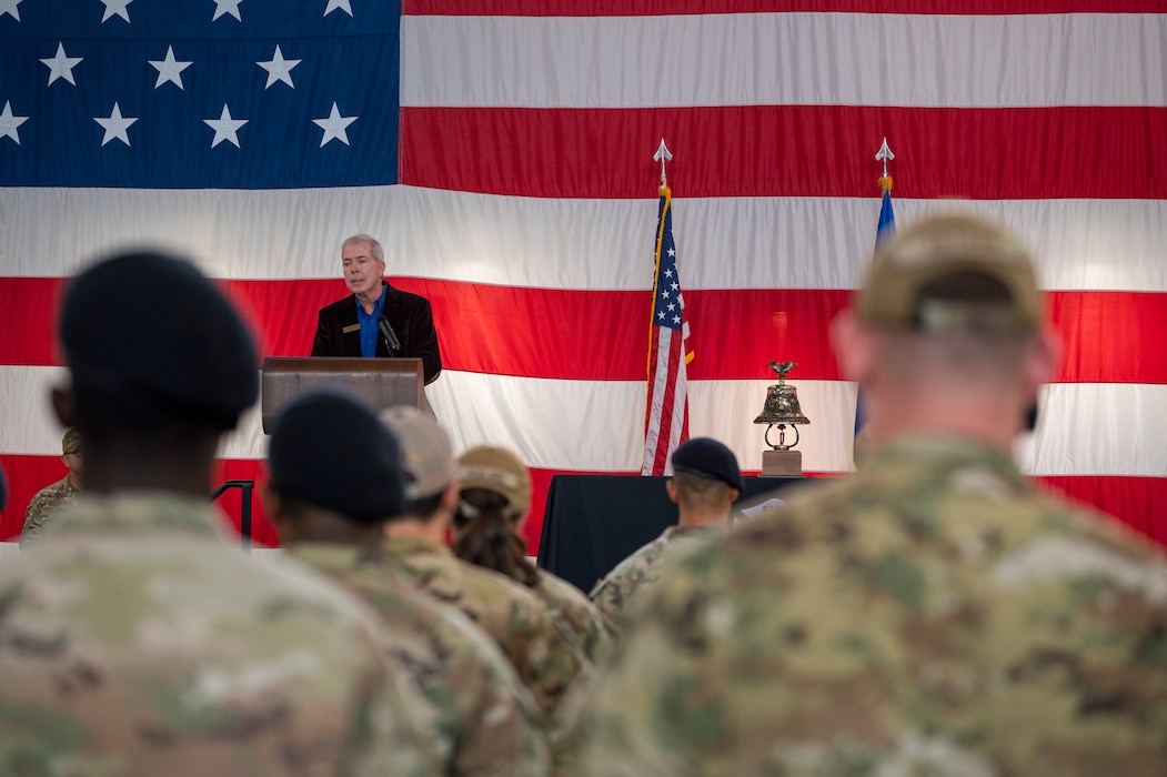 Valdosta Mayor Scott Matheson speaks during a 9/11 remembrance ceremony at Moody Air Force Base, Georgia, Sept. 11, 2024. Matheson recounted his experience on the tragic day and thanked the Moody Airmen for their service. (U.S. Air Force photo by Senior Airman Leonid Soubbotine)