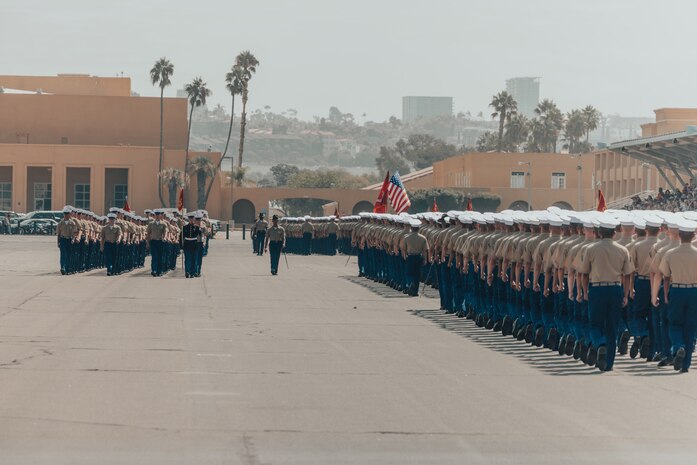 U.S. Marines with Kilo Company, 3rd Recruit Training Battalion, march in formation during a graduation ceremony at Marine Corps Recruit Depot San Diego, California, Sept. 6, 2024.  This ceremony marked the end of a 13-week transformation that included training in drill, marksmanship, basic combat skills, and Marine Corps customs and traditions. (U.S. Marine Corps photo by Cpl. Alexander O. Devereux)