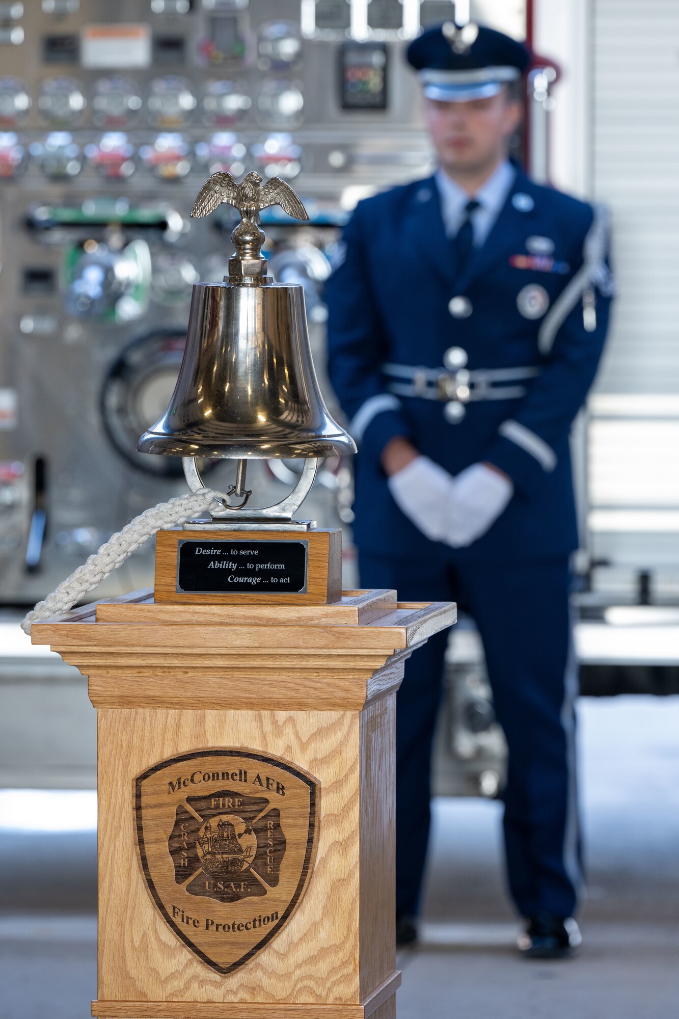 A bell stands at the firehouse at McConnell Air Force Base, Kansas, Sept. 11, 2024. The base held a Patriot Day Ceremony to honor everyone affected by 9/11 and the events that followed the tragic attacks. (U.S. Air Force photo by Senior Airman Felicia Przydzial)