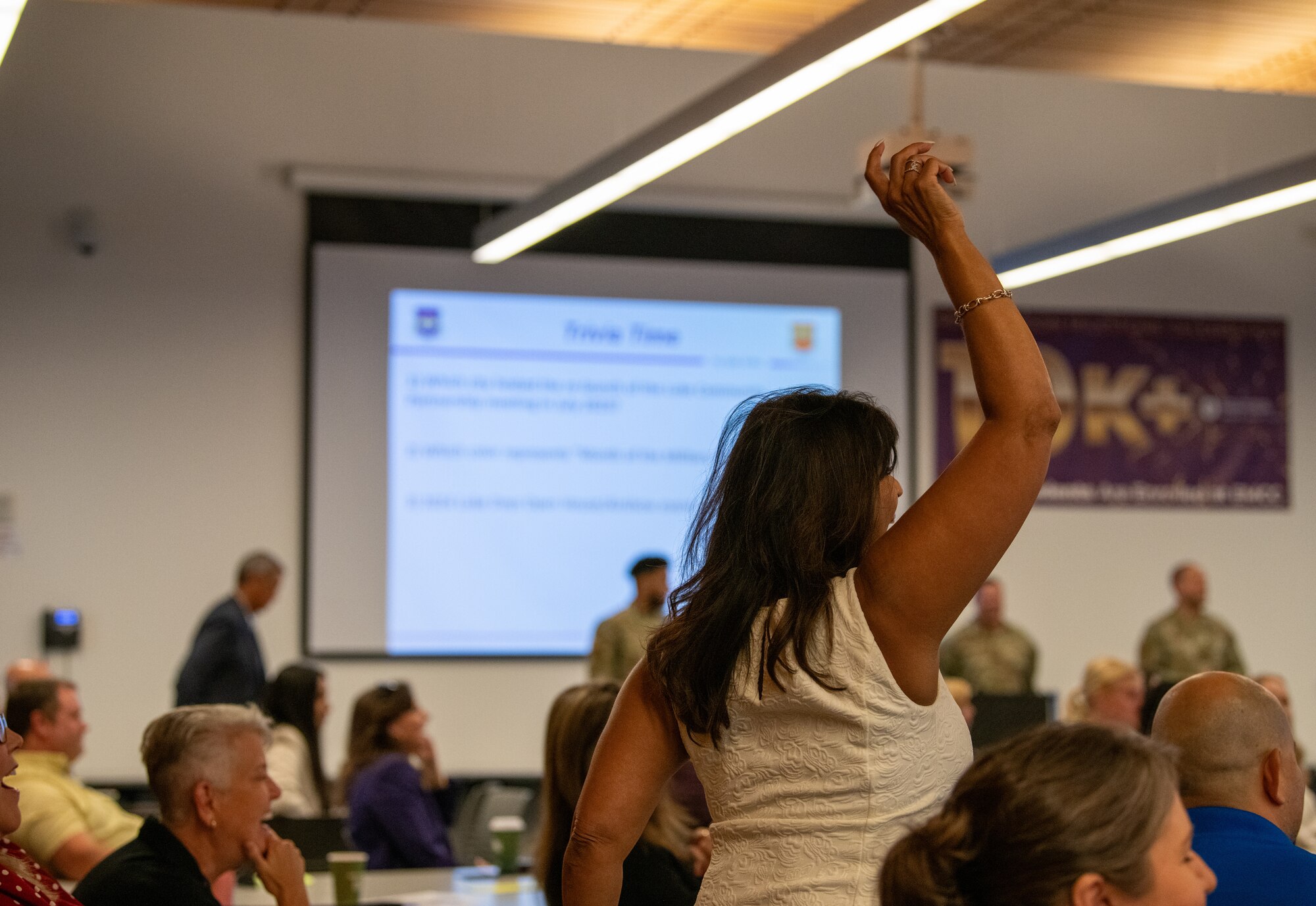 Sintra Hoffman, WESTMARC president and CEO, participates in a trivia challenge during the Air Force Community Partnership Program at Estrella Mountain Community College, Avondale, Arizona, Sept. 10, 2024.