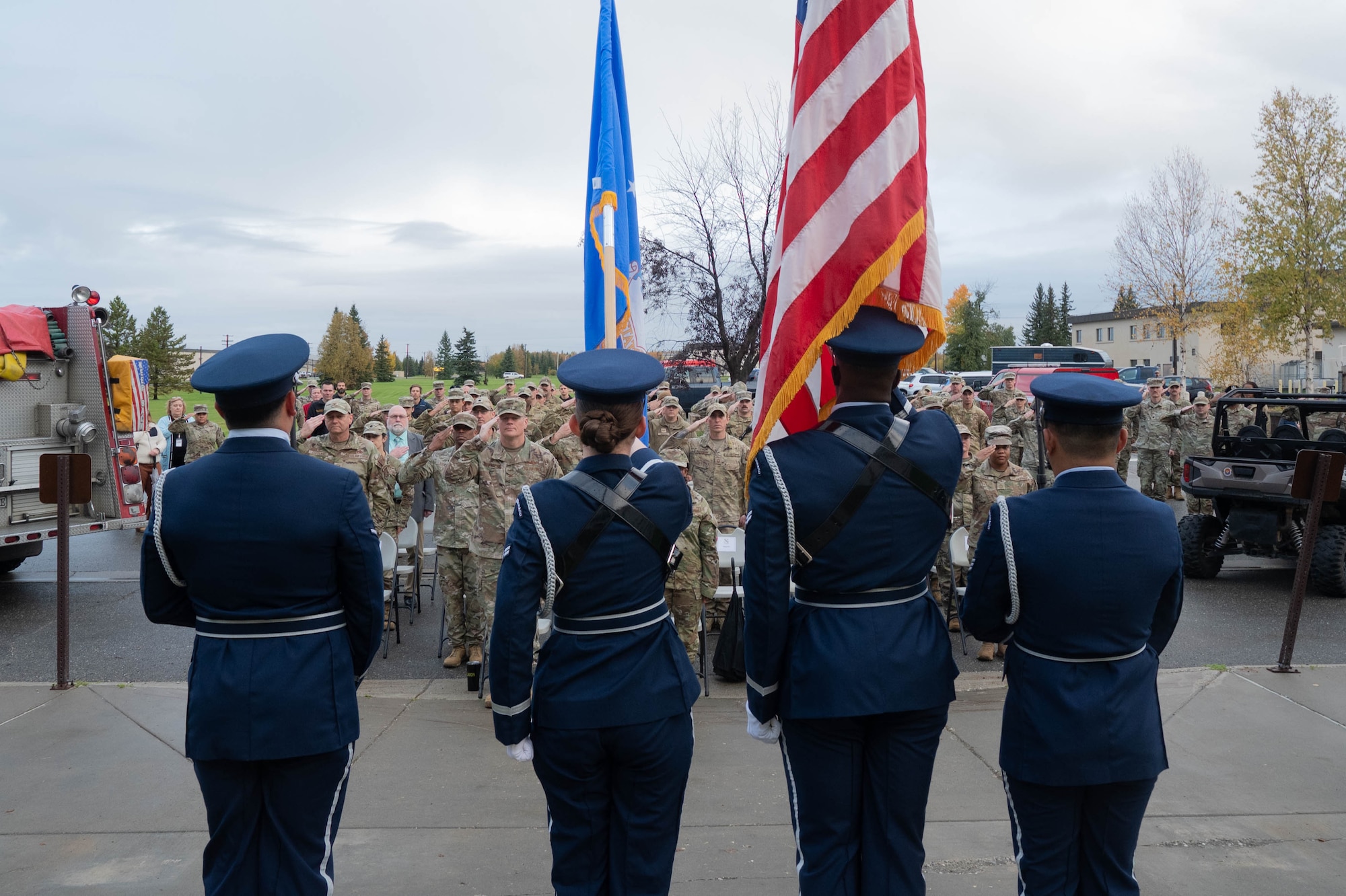 U.S. Air Force Airmen from the Eielson Honor Guard present the colors during a 9/11 remembrance ceremony, Eielson Air Force Base, Alaska, Sept. 11, 2024.