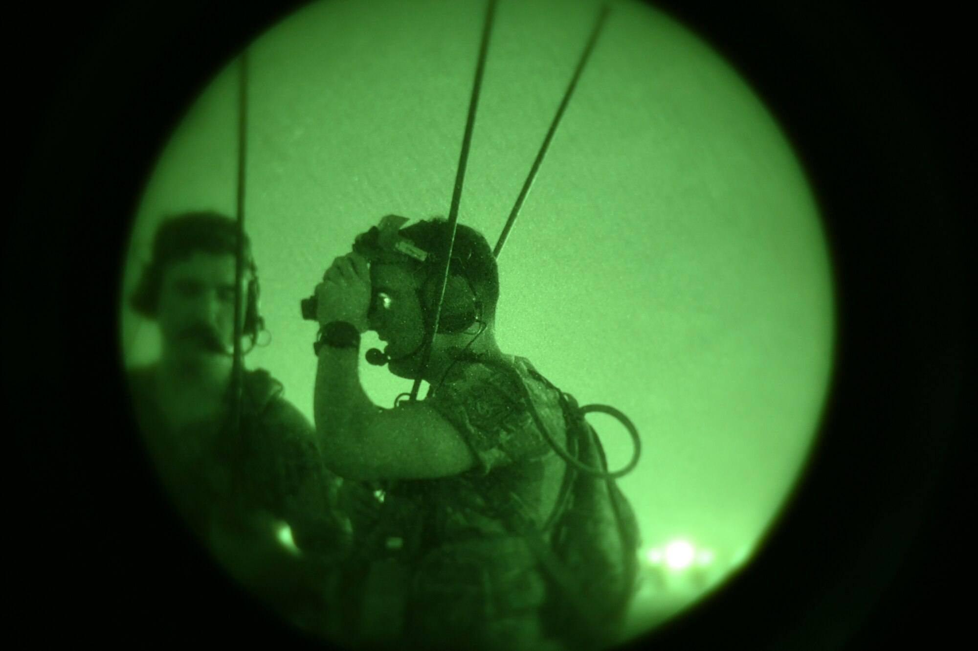 U.S. Air Force Tech. Sgt. Jacob Spillman, left, 8th Operations Support Squadron tower watch supervisor, and U.S. Air Force Tech Sgt. Tyler Twilley, 8th Operations Support Squadron radar approach control conduct airfield operations at Kunsan Air Base, Republic of Korea.