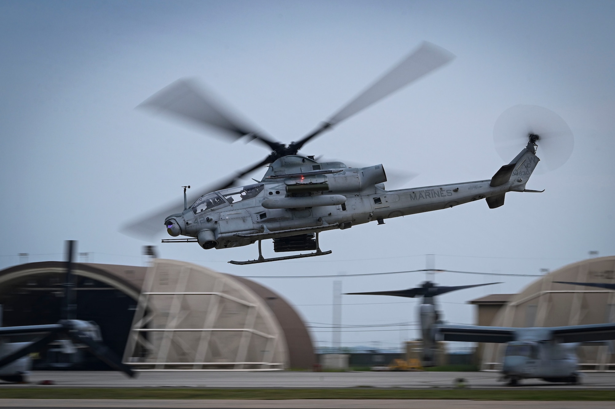 A UH-1Y Venom helicopter assigned to the Marine Medium Tiltrotor Squadron (VMM) 165, takes off at Kunsan Air Base, Republic of Korea
