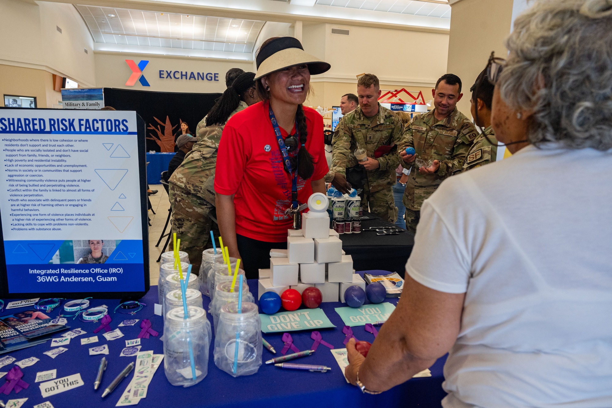 Andersen Air Force Base personnel participate in a resource fair to kickoff Suicide Prevention Awareness Month on Andersen AFB, Guam, Sept. 12, 2024. In addition to the resource fair, multiple agencies are going to team up to host an awareness wave, a potluck for community partners and a 5K in honor of those who lost their battle to suicide. (U.S. Air Force photo by Senior Airman Jasmine Barnes)