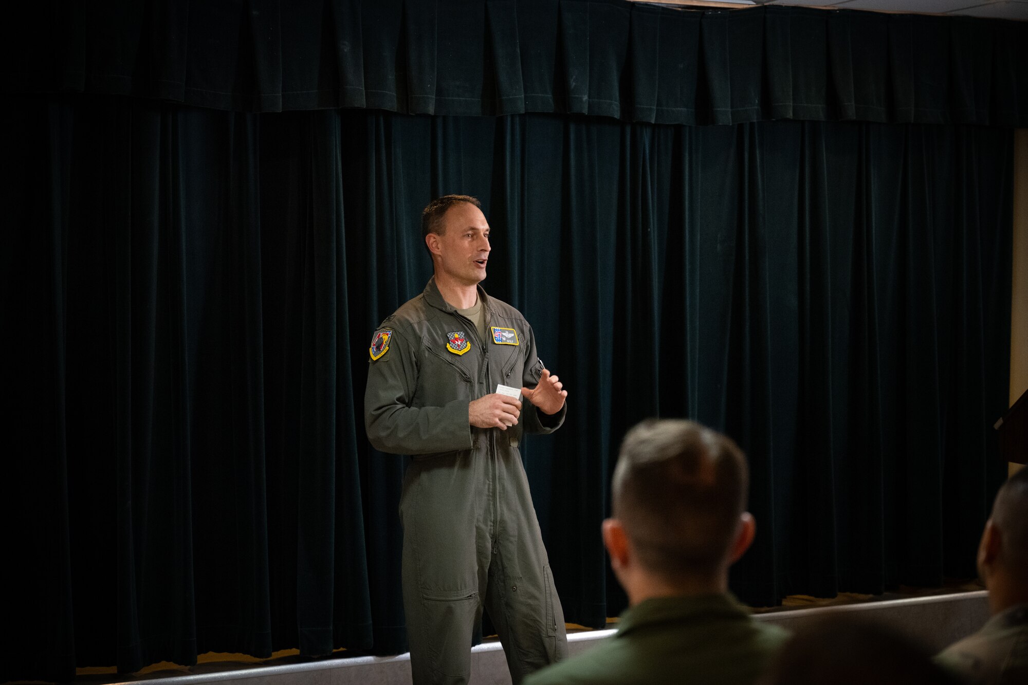 U.S. Air Force Col. Tyler Ellison, 47th Flying Training Wing, commander, gives his closing remarks to honorary commander class 2024- 2026 at the honorary commander ceremony at Laughlin Air Force Base, Texas, Sept. 6, 2024. The Honorary commander program looks to bring local community leaders and base personnel closer together, fostering the close relationship between Del Rio and Laughlin. (U.S. Air Force photo by Airman 1st Class Harrison Sullivan)
