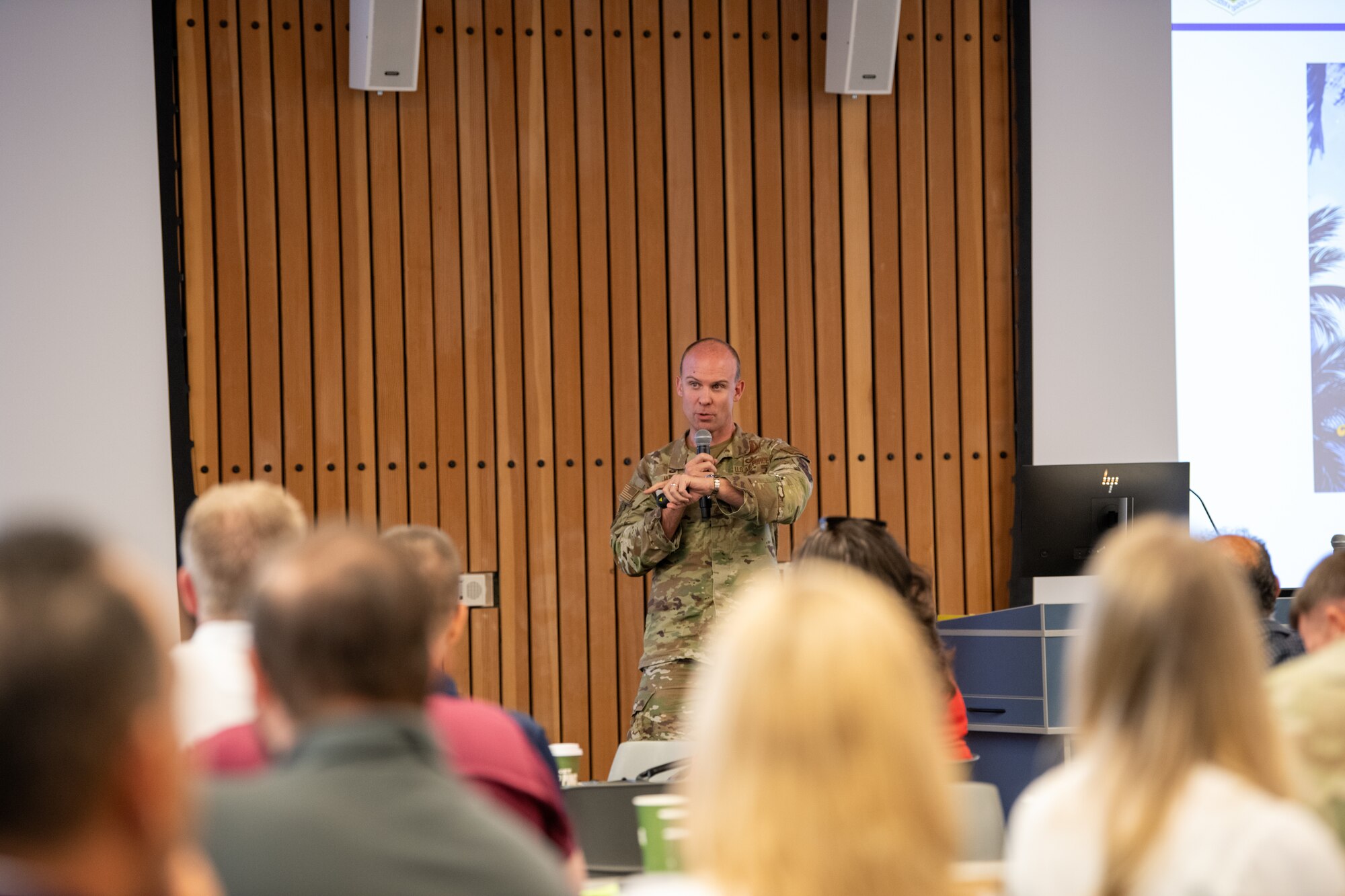 U.S. Air Force Lt. Col. Christopher James, 56th Contracting Squadron commander, speaks to community members during the Air Force Community Partnership Program meeting at Estrella Mountain Community College, Avondale, Arizona, Sept. 10, 2024.