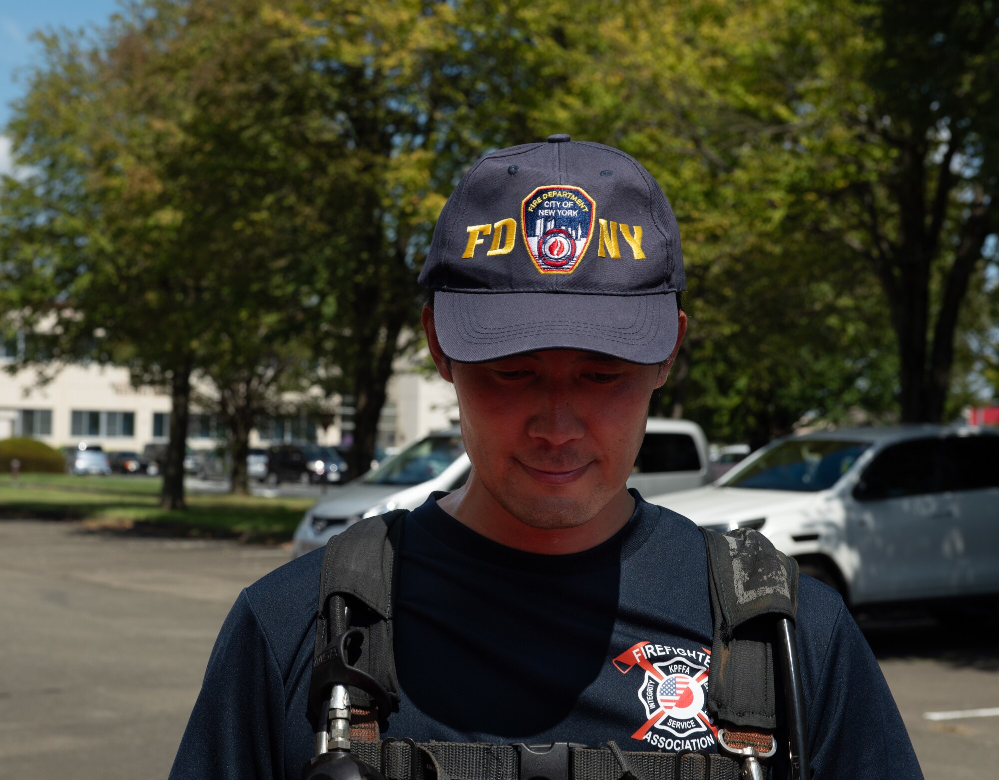 A Japanese national firefighter prepares to participate in the 9/11 Memorial Tower Run