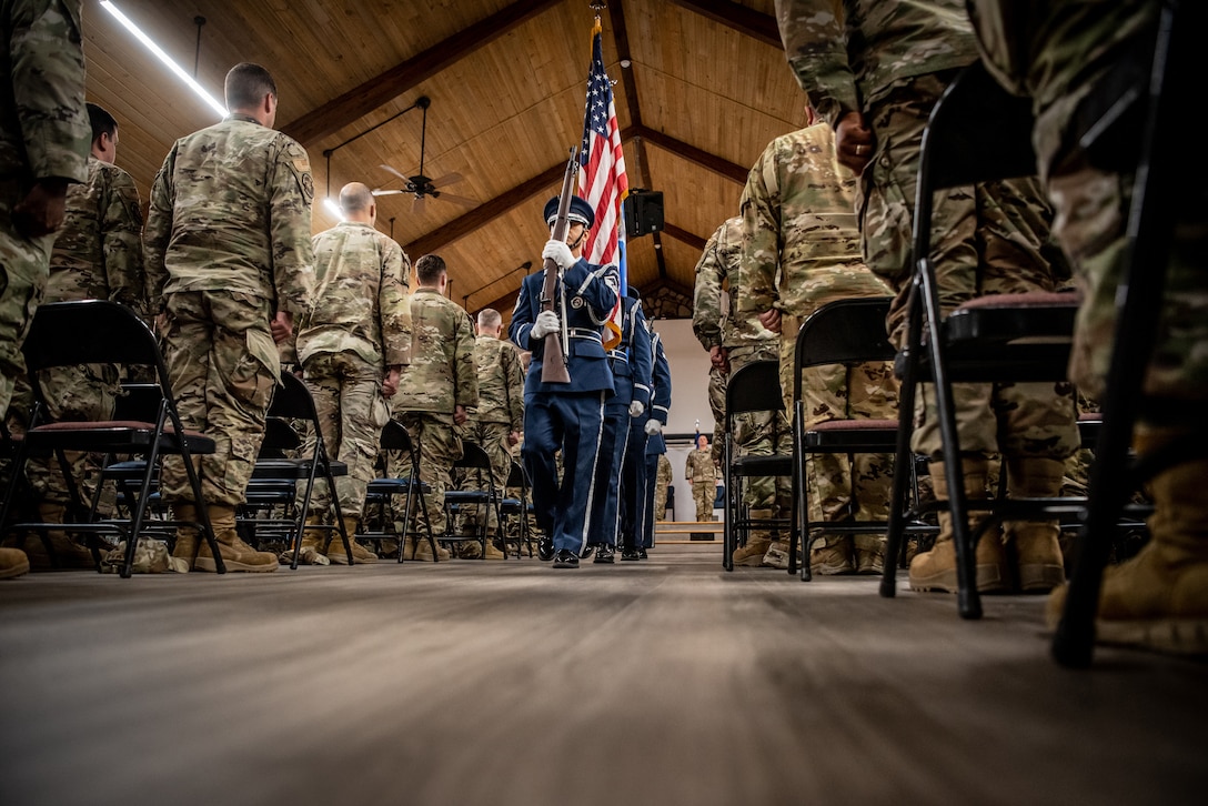 The 123rd Airlift Wing Color Guard departs after presenting the colors during a change-of-command ceremony for the 123rd Mission Support Group at the Kentucky Air National Guard Base in Louisville, Ky., July 21, 2024. Assuming command of the group is Lt. Col. Kevin Krauss, the former deputy commander of the 123rd Contingency Response Group. (U.S. Air National Guard photo by Master Sgt. Joshua Horton)