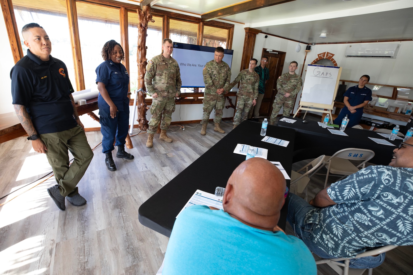 YAP, Federated States of Micronesia (Sept. 4, 2024) – U.S. Army and Coast Guard service members introduce themselves during an emergency operations training workshop as part of the humanitarian aid and disaster relief line of effort for Pacific Partnership 2024-2 in Yap, Federated States of Micronesia, Sept. 4, 2024. Now in its 20th iteration, the Pacific Partnership series is the U.S. Navy’s largest annual multinational humanitarian assistance and disaster relief preparedness mission conducted in the Indo-Pacific. Pacific Partnership works collaboratively with host and partner nations to enhance regional interoperability and disaster response capabilities, increase security and stability in the region, and foster new and enduring friendships in the Indo-Pacific. (U.S. Navy photo by Mass Communication Specialist 1st Class Ryan D. McLearnon/Released)