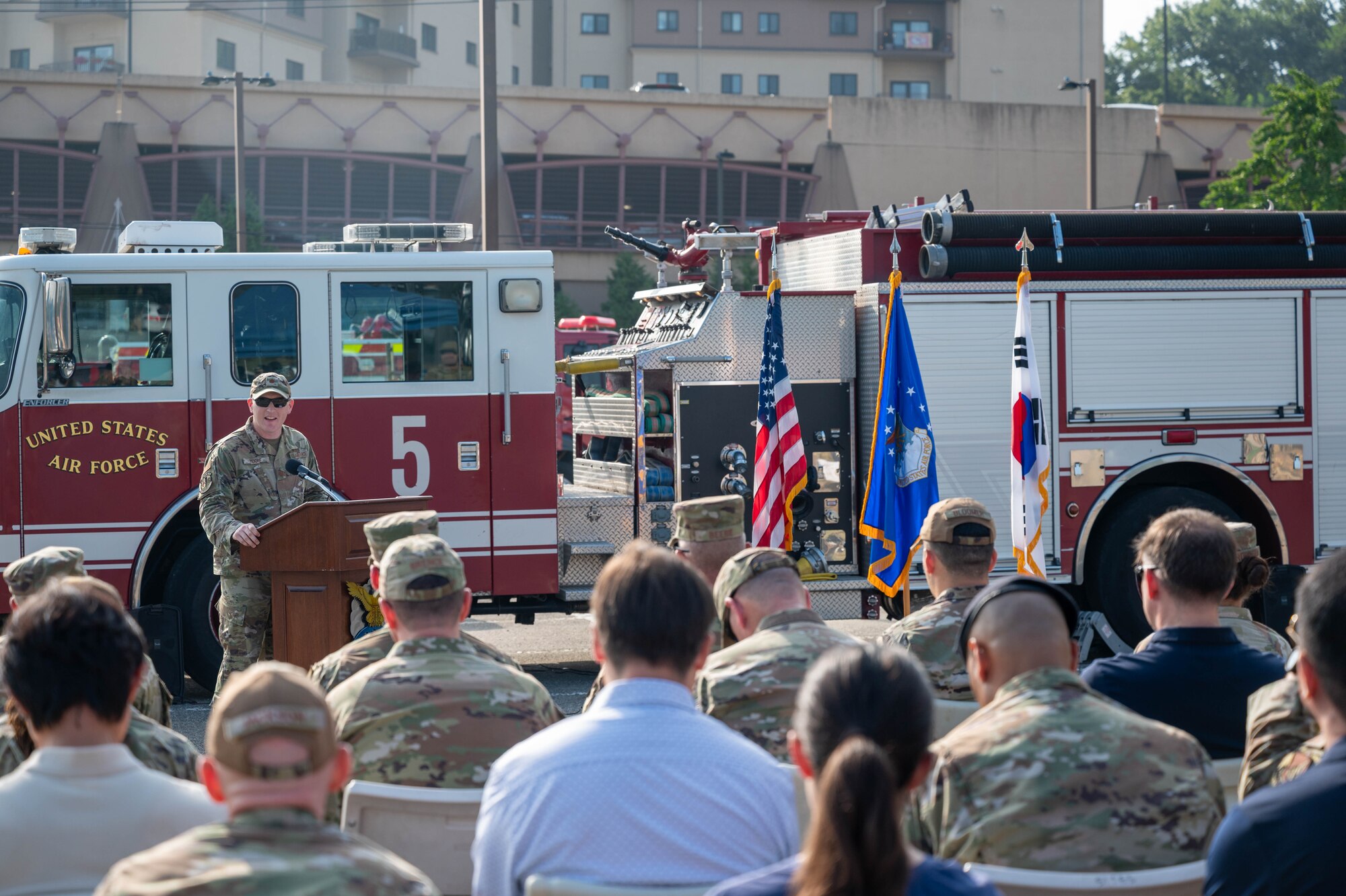 U.S. Air Force Maj. Brigham Moore, 51st Civil Engineer Squadron deputy commander, speaks during a 9/11 remembrance ceremony at Osan Air Base, Republic of Korea, Sept. 11, 2024. The ceremony began at 0846 with a moment of silence, the exact time the first tower was struck. (U.S. Air Force photo by Staff Sgt. Christopher Tam)