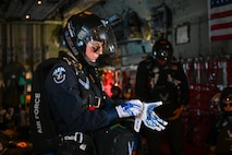 A U.S. Air Force Wings of Blue parachute team member prepares for a jump during Misawa Air Fest 2024 at Misawa Air Base, Japan, Sept. 8, 2024.