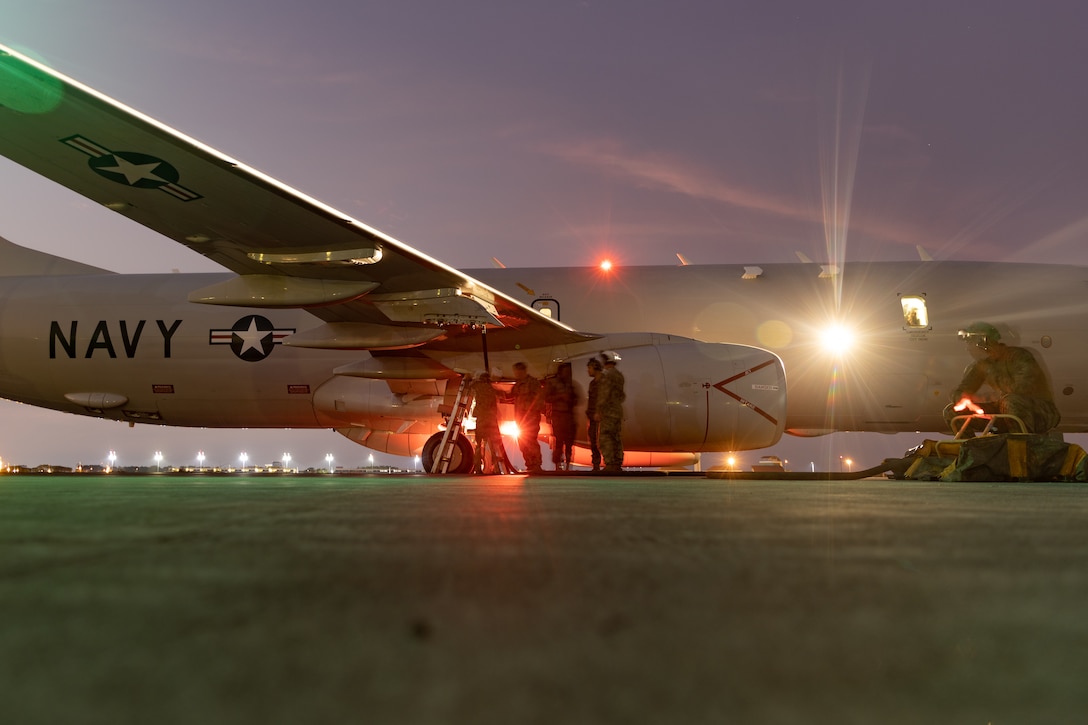 U.S. Marines with Marine Medium Tiltrotor Squadron 268 (Reinforced), Marine Rotational Force – Darwin 24.3, fuel a U.S. Navy P-8A Poseidon assigned to Patrol Squadron 4, Patrol and Reconnaissance Wing 10, at a forward arming and refueling point during Super Garuda Shield 2024 at Juanda International Airport, East Java, Indonesia, Aug. 30, 2024. Super Garuda Shield is an annual exercise that has significantly grown in scope and size since 2009. Super Garuda Shield 24 is the third consecutive time this exercise has grown into a combined and joint event, focused on commitment to partnership and a free and open Indo-Pacific. (U.S. Marine Corps photo by Cpl. Migel A. Reynosa)