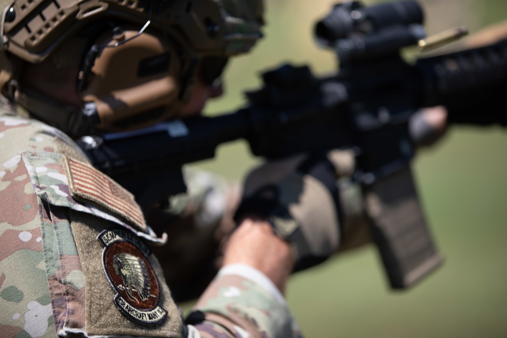 An Oklahoma Air National Guard Airman with the 138th Fighter Wing, fires an M4 Carbine during the 2024 Governor's 20 Marksmanship Competition, Sept. 7, 2024 at Camp Gruber Training Center, Oklahoma. The Oklahoma National Guard Governor’s 20 is an annual competition where Oklahoma Army and Air National Guardsmen compete in a series of shooting events to showcase the Oklahoma National Guard’s top marksmen. (Oklahoma National Guard photo by Sgt. Haden Tolbert)