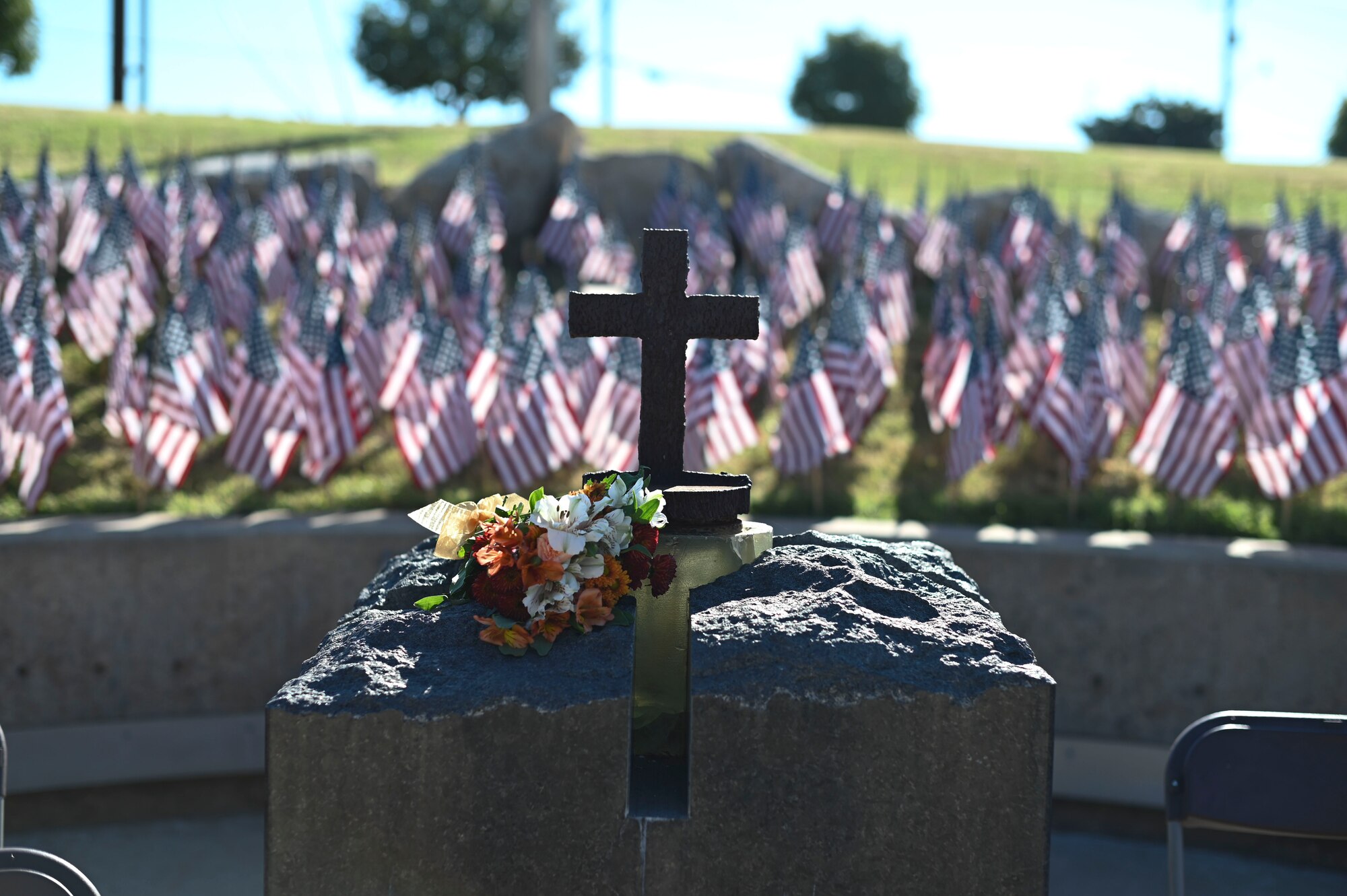 A cross is displayed at the 9/11 monument during the Annual 9/11 remembrance, San Angelo, Texas, Sept. 11, 2024. Civic leaders, veterans and residents came together in unity to honor the lives lost during the Sept. 11, 2001 terrorist attacks. (U.S. Air Force photo by Senior Airman Ethan Sherwood)