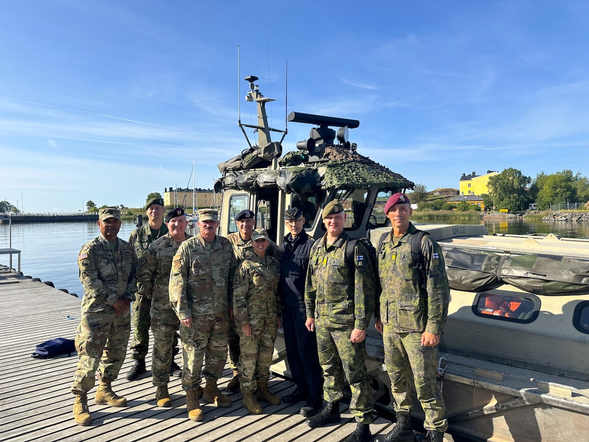 Virginia National Guard senior enlisted leaders prepare to travel via Jurmo-class landing craft to engage with the joint senior noncommissioned officer at the Finnish Naval Academy during a senior NCO exchange Aug. 19-23, 2024, in Finland. Virginia and Finland are partners under the Department of Defense National Guard Bureau State Partnership Program.