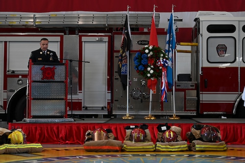Mike Cook, Fire Department of New York battalion chief, speaks during the 9/11 ceremony at the Louis F. Garland Department of Defense Fire Academy, Goodfellow Air Force Base, Texas, September 11, 2024.  Cook acknowledged the courage of the first responders who ran toward danger that day; 343 firefighters, 71 law enforcement officers, eight paramedics, and 55 military personnel lost their lives on Sept. 11, 2001. (U.S. Air Force photo by Airman 1st Class Madi Collier)