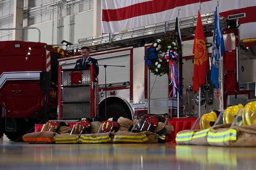 U.S. Air Force Staff Sgt. Johnny Taborda, 312th Training Squadron instructor, recites the Firefighters Prayer during the 9/11 ceremony at the Louis F. Garland Department of Defense Fire Academy, Goodfellow Air Force Base, Texas, September 11, 2024. During the ceremony, servicemembers from each emergency response squadron were invited to recite their specific prayer: Emergency Medical Technicians’, Security Forces and Firefighter's prayer. (U.S. Air Force photo by Airman 1st Class Madi Collier)