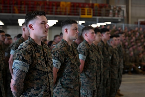 Students of the 312th Training Squadron stand at parade rest for a moment of silence in honor of those who perished during 9/11 at the Louis F. Garland Department of Defense Fire Academy on Goodfellow Air Force Base, Texas, September 11, 2024. These ceremonies serve as a reminder that the legacy of 9/11 and the sacrifices made by first responders must never be forgotten. (U.S. Air Force photo by Airman 1st Class Madi Collier)