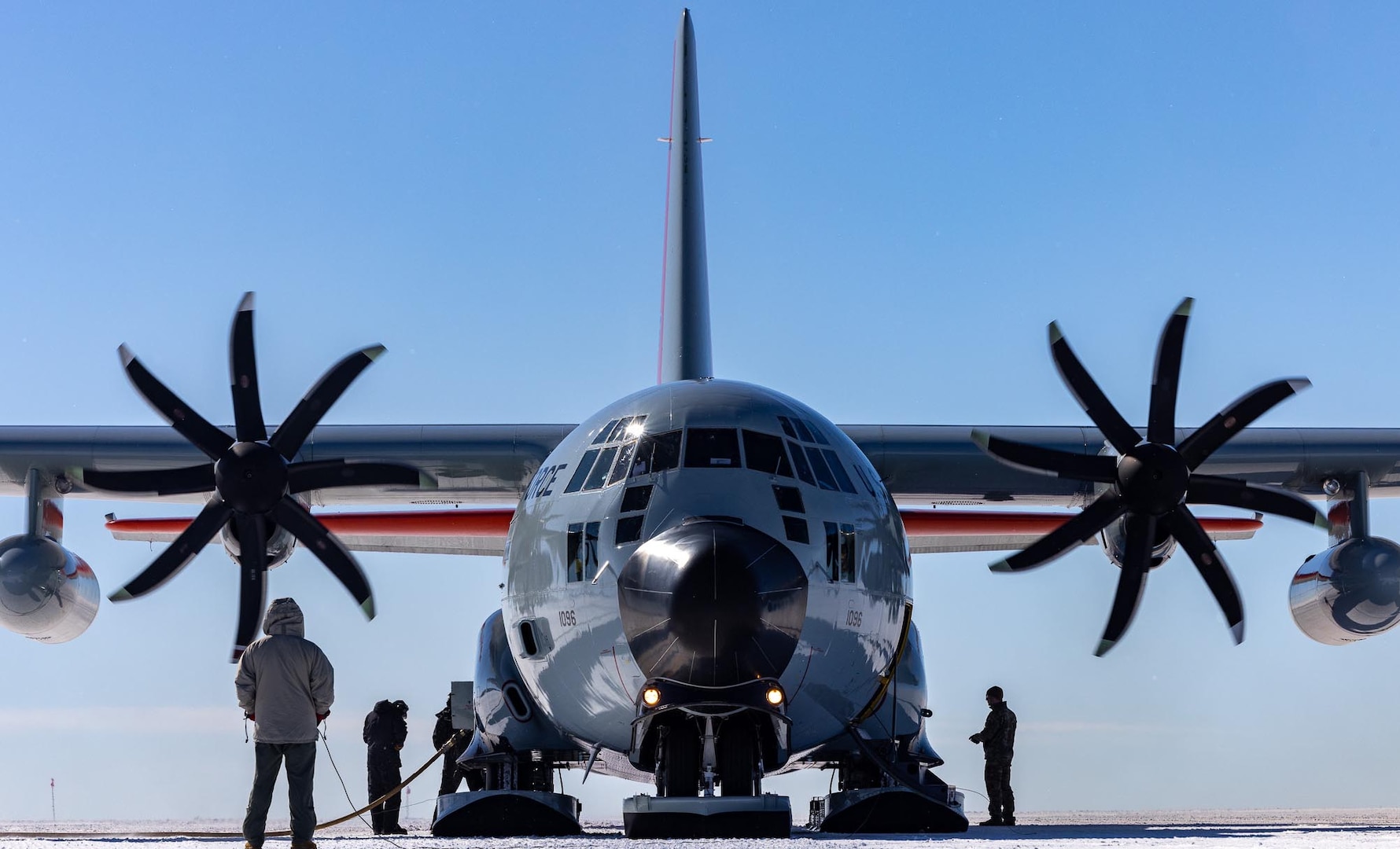 An LC-130 Hercules aircraft from the 109th Airlift Wing sits at Summit Station, Greenland, May 9, 2024. Summit Station is ideal for studying long-range intercontinental transport and its effects on the ice sheet surface.