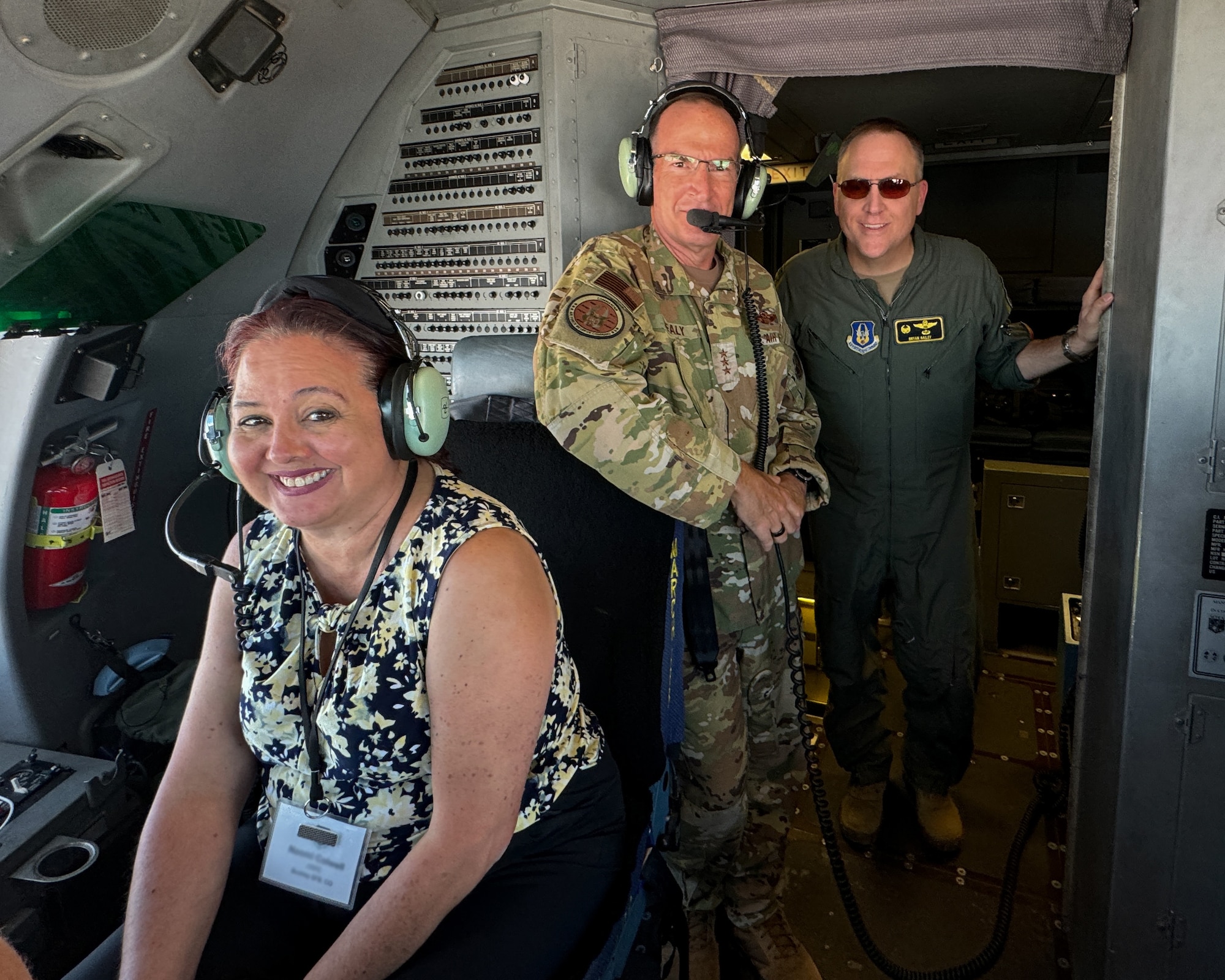 U.S. Air Force Lt. Gen. John Healy, center, commander of the Air Force Reserve Command (AFRC) and chief of the Air Force Reserve (AFR), Col. Bryan Bailey, commander, 452nd Air Mobility Wing, right, and Naomi Colwell, civic leader with the Air Reserve Personnel Center,
fly in a C-17 Globemaster III during an AFRC civic leader tour, March Air Reserve Base, California, Sept. 6, 2024. Lt. Gen. John Healy, commander of the AFRC and chief of the Air Force Reserve (AFR), hosted a two-day civic leader tour to Nellis Air Force Base, Nevada and March Air Reserve Base, California to provide familiarization and education about the AFR mission and help the civic leaders from across the nation get an up-close and personal view of some of the transformative initiatives happening within the command. (U.S. Air Force photo by Roger Parsons)