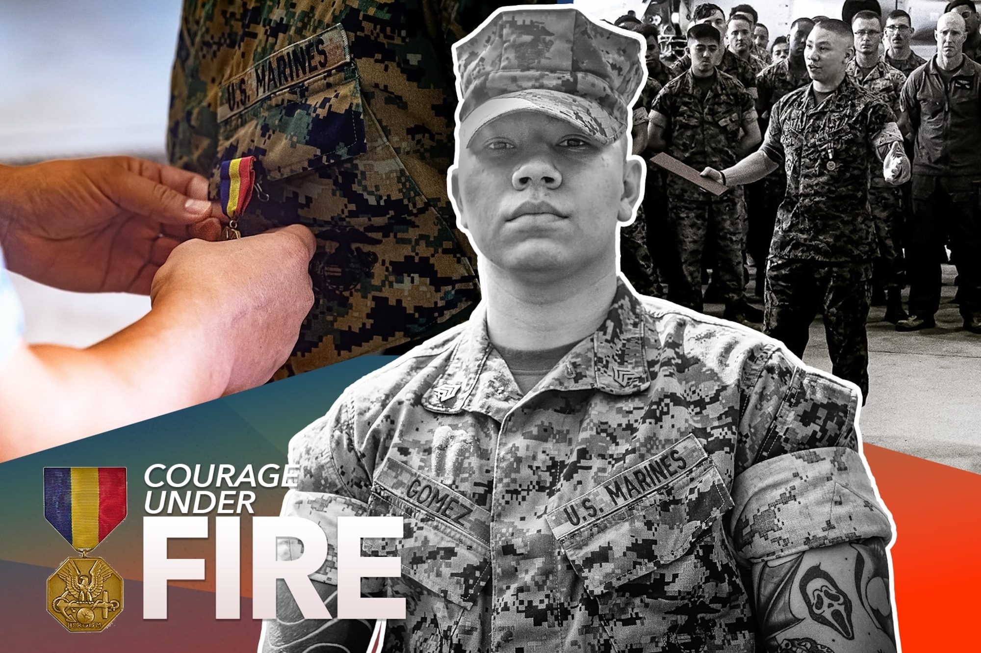 U.S. Marine Corps Sgt. Andrew Gomez, Marine Aircraft Group 49 aviation supply specialist, is depicted in this graphic for a decoration he received during an award ceremony at Joint Base McGuire-Dix-Lakehurst, N.J., Aug. 14, 2024. Gomez received the Navy and Marine Corps Medal for extricating a passenger from a burning vehicle off the interstate 295 on June 19, 2023. (U.S. Air Force graphic by Christopher Moses)