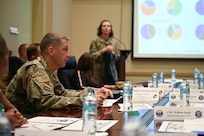 U.S. Air Force Col. Ryan A.F. Crowley, commander of JBAB and the 11th Wing, briefs on the budgeting for the dormitories at Furnari Hall and Enterprise Hall during an Unaccompanied Housing visit at Joint Base Anacostia-Bolling, Washington, D.C., Sept. 4, 2024. U.S. Air Force Major Gen. Daniel DeVoe, commander of Air Force District of Washington, and U.S. Navy Rear Admiral David Faehnle, commandant of Naval District Washington, attended the briefing, which aimed to present the current dorm conditions and discuss future improvements. (U.S. Air Force photo by Airman 1st Class Shanel Toussaint)