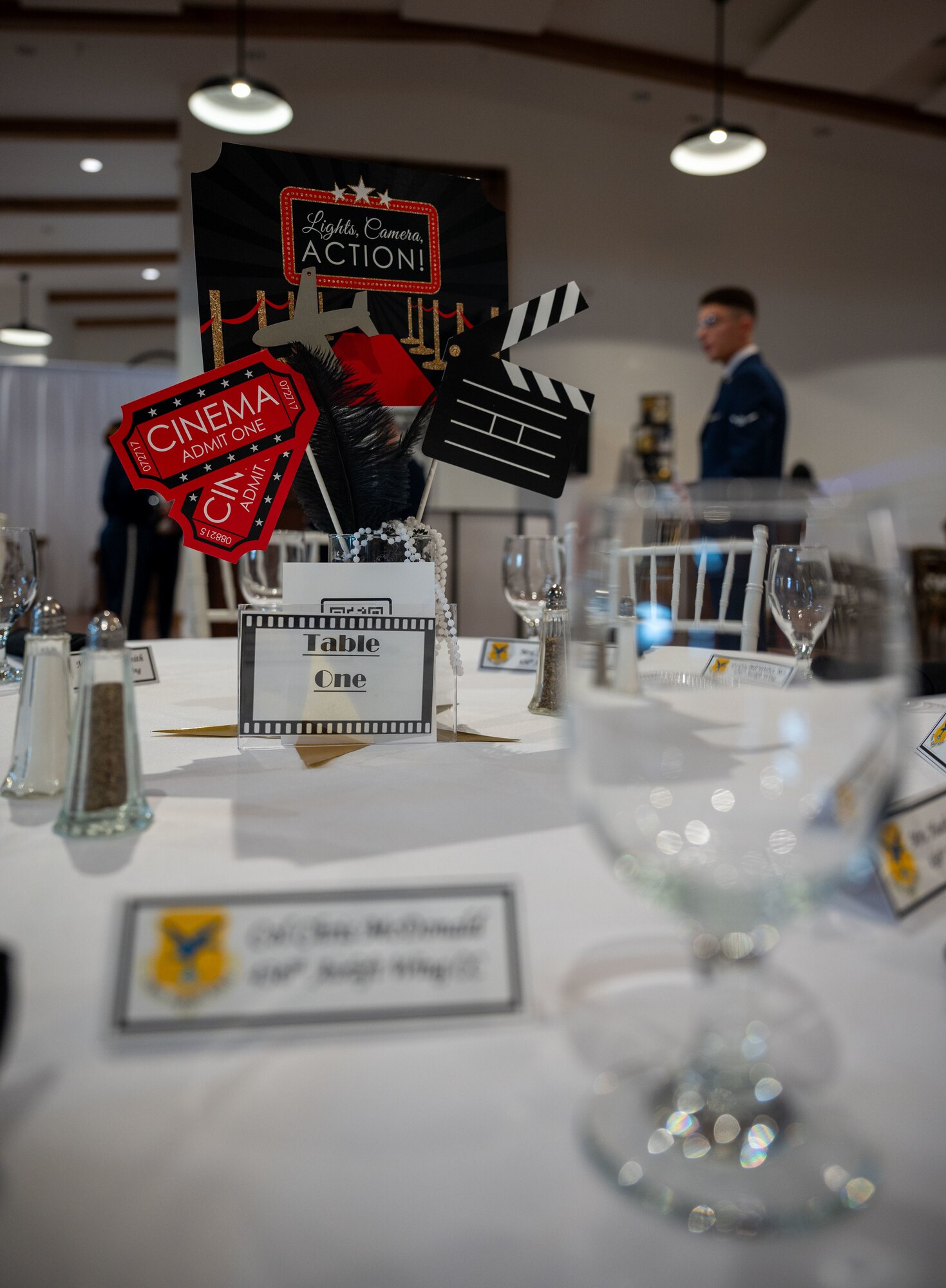 Decorations for the 77th Anniversary Air Force Ball sit on a table at King Cole Farms in Dover, Delaware, Sept. 7, 2024. Dover Air Force Base celebrated the anniversary with a red carpet-themed event. (U.S. Air Force photo by Senior Airman Amanda Jett)