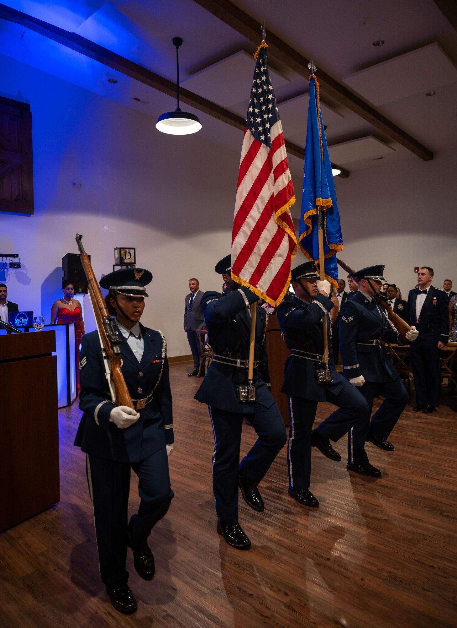 Dover Air Force Base Honor Guard presents the colors during the opening ceremony of the 77th Anniversary Air Force Ball at King Cole Farms in Dover, Delaware, Sept. 7, 2024. Dover AFB celebrated the anniversary with a red carpet-themed event. (U.S. Air Force photo by Senior Airman Amanda Jett)