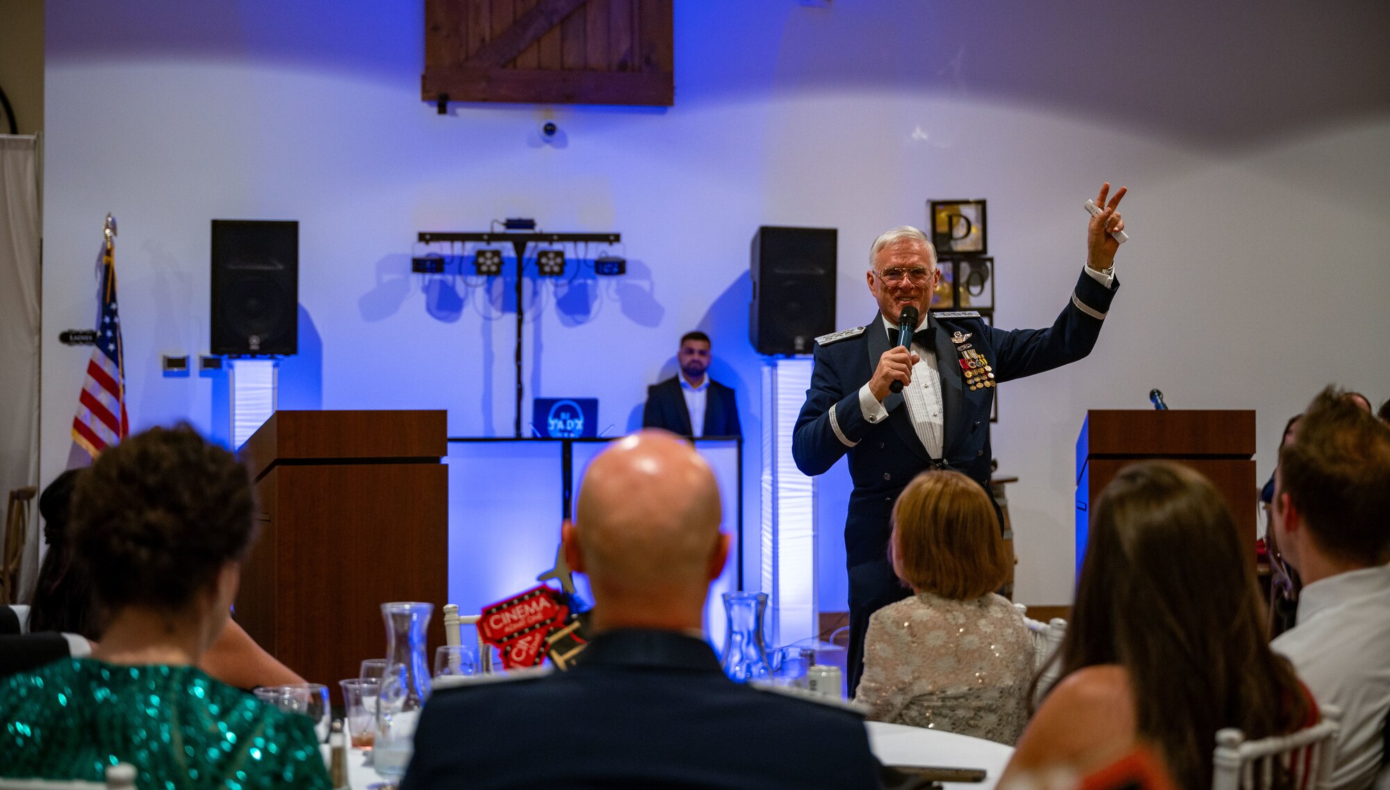 Retired U.S. Air Force Lt. Gen. William Welser III, gives a speech on heritage during the 77th Anniversary Air Force Ball at King Cole Farms in Dover, Delaware, Sept. 7, 2024. Dover Air Force Base celebrated the anniversary with a red carpet-themed event. (U.S. Air Force photo by Senior Airman Amanda Jett)