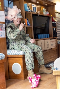 Capt. J.D Crinklaw, commander, PSNS & IMF, takes a turn in the mobile earthquake simulator Sept 3, 2024, during an emergency Preparedness Fair outside Building 1106 at Puget Sound Naval Shipyard & Intermediate Maintenance Facility in Bremerton, Washington.  (U.S. Navy photo by Wendy Hallmark)